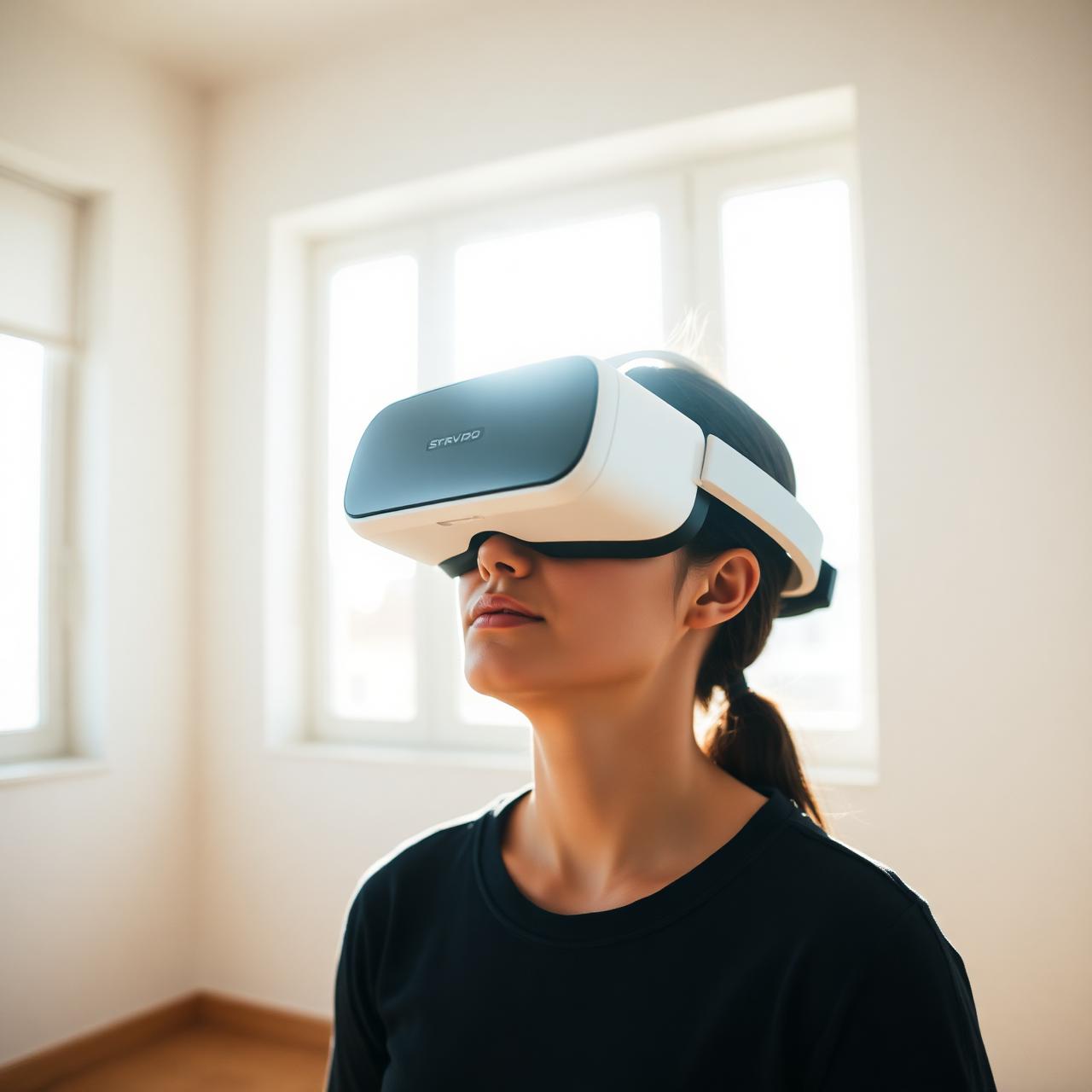 Personne portant un casque VR dans une pièce calme et ensoleillée